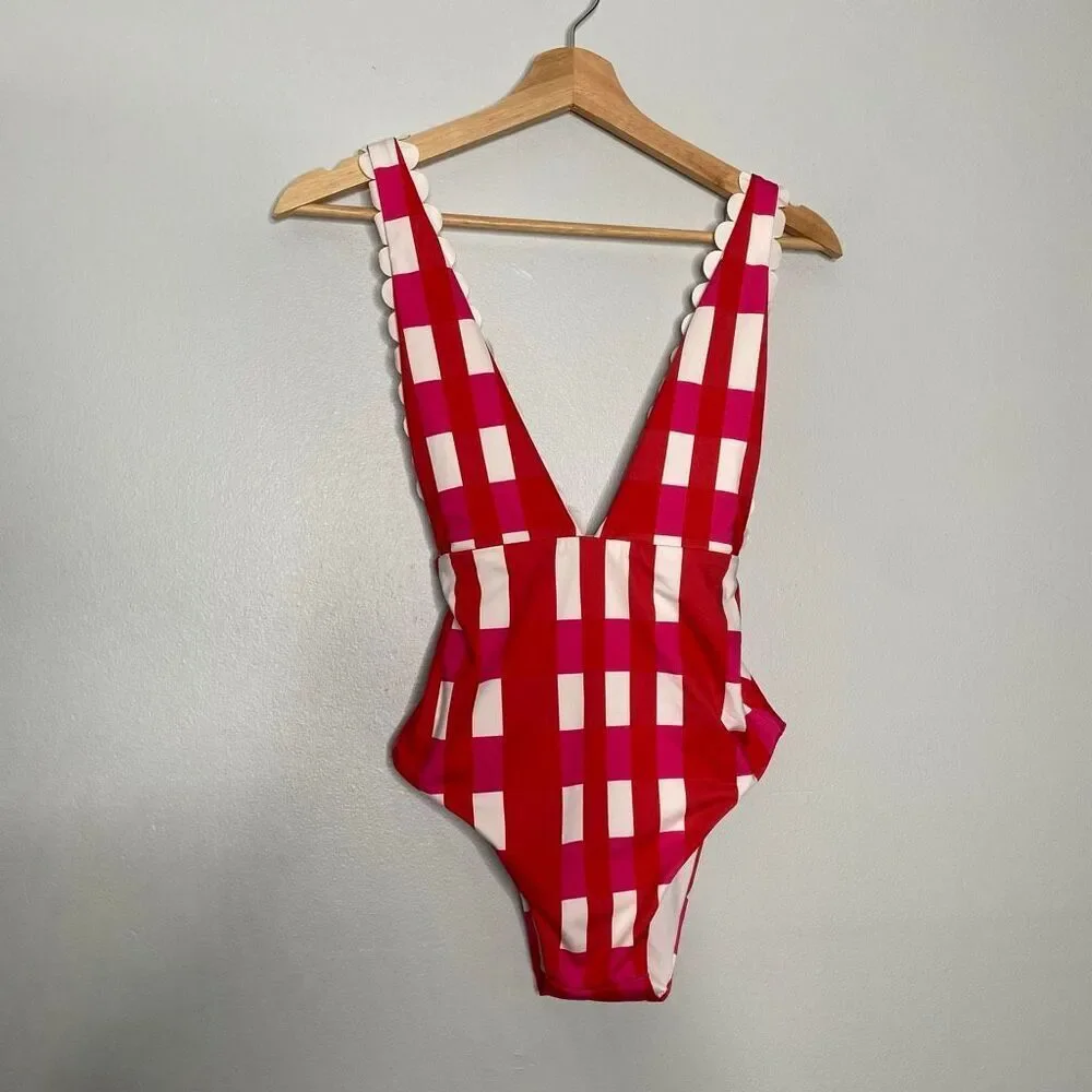 Red Gingham One-Piece Swimsuit with Scallop Trim - Women